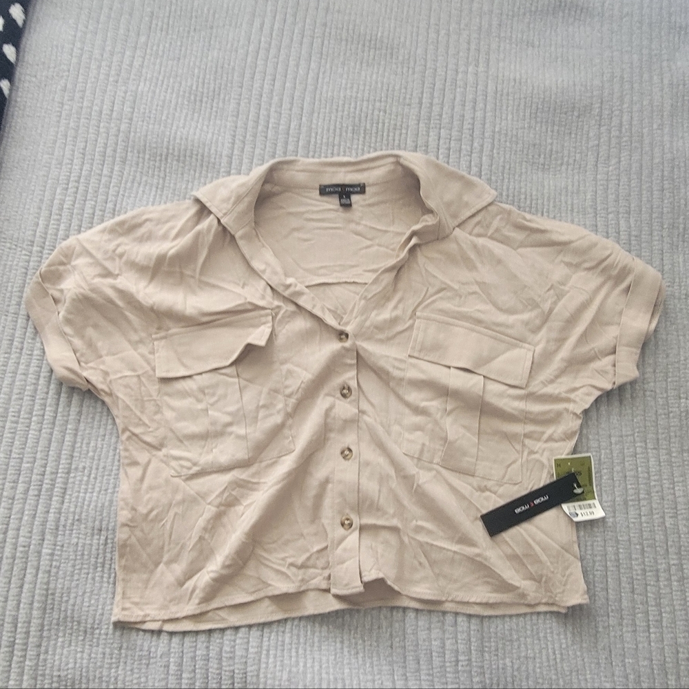 Moa Moa Light Beige Button-Front Short Sleeve Top